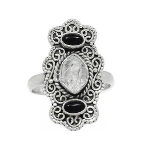 NEW Sterling Silver Herkimer Diamond & Black Onyx Healing Crystal Ring